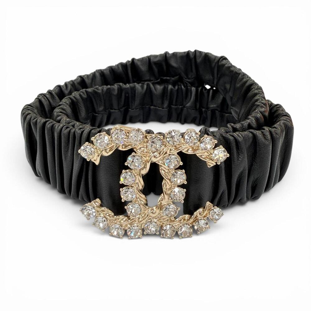 CHANEL B21C Coco Mark Rhinestone Leather Elastic Belt, Black with Gold Hardwa...